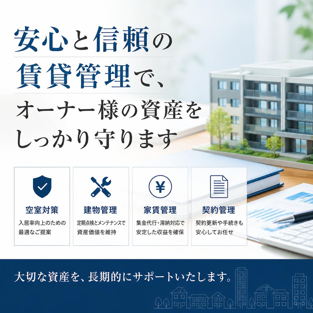 安心と信頼の賃貸管理で、オーナー様の資産をしっかり守ります