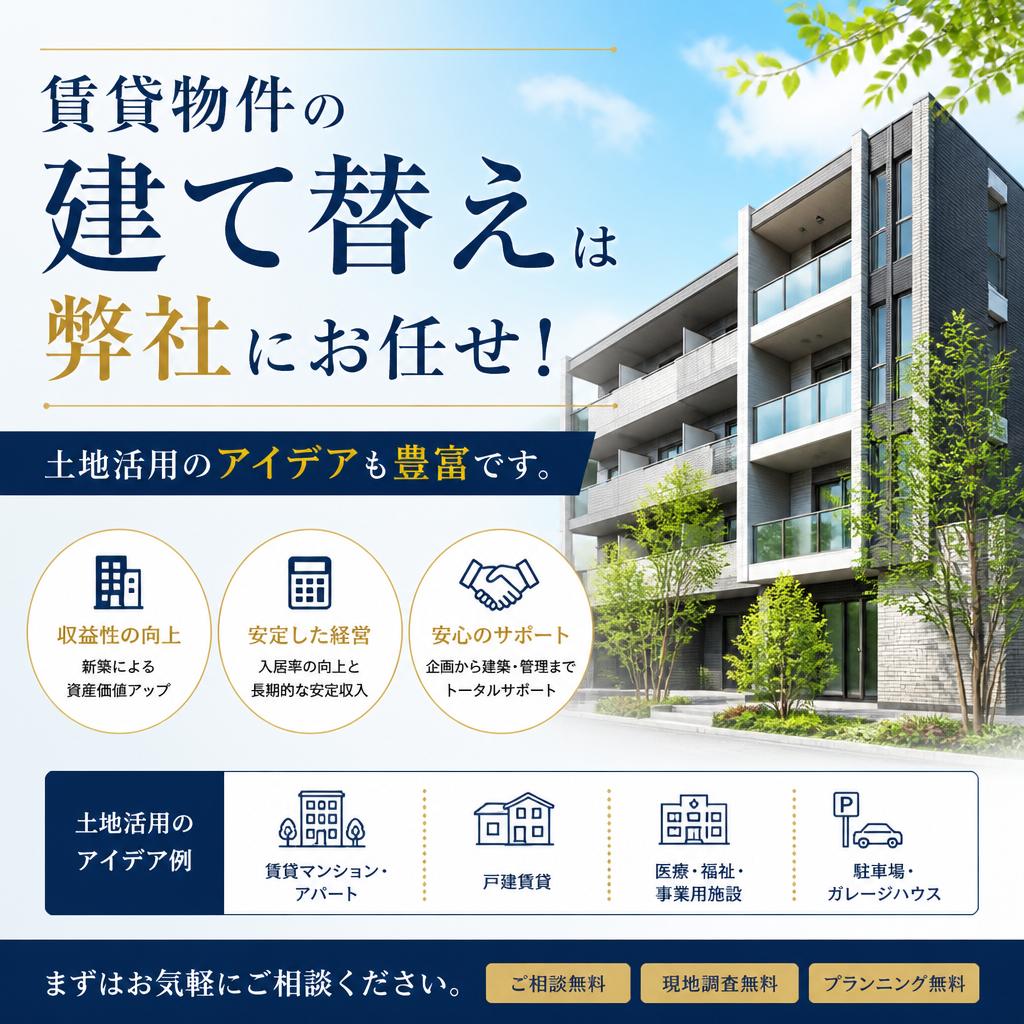 賃貸物件の建て替えは弊社にお任せ！土地活用のアイデアも豊富です。