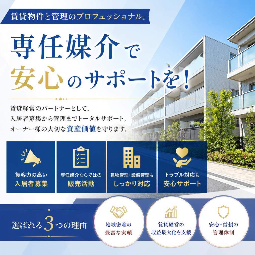 賃貸物件と管理のプロフェッショナル。専任媒介で安心のサポートを！