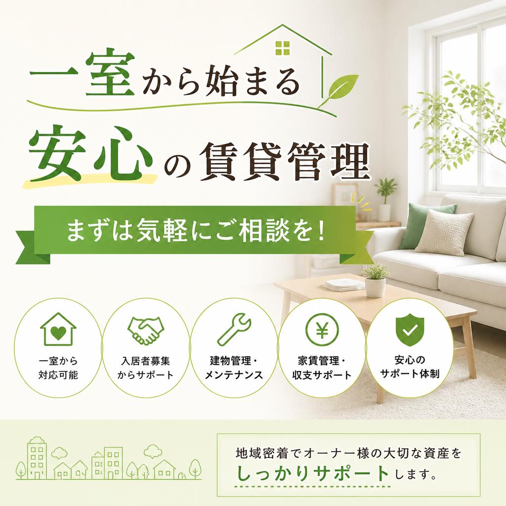 一室から始まる安心の賃貸管理、まずは気軽にご相談を！